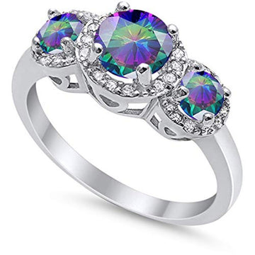Three Stone Simulated Rainbow CZ Wedding Ring 925 Sterling Silver